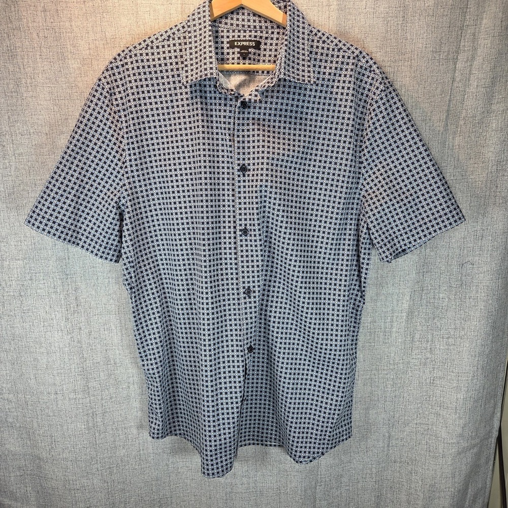 Express Mens Black Blue Geometric Print Button Up SS Shirt Large Preppy Hipster